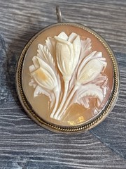 Vintage Antique Carved Shell Cameo Brooch Pendant Floral Tulips 800 Silver