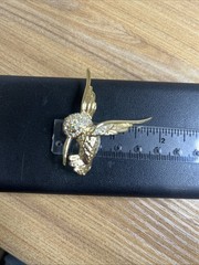 Vintage Humming Bird Brooch Gold Tone with Clear Rhinestones, Green Eye Stone