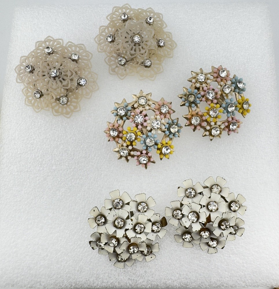 Vtg LOT 3 pr Earrings Clip On Rhinestone Pastel Flower Floral Enamel Plastic