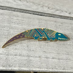 NOS LAUREL BURCH Aleucian Alligator PIN BROOCH Teal Purple CLOISONNE Gold-T NEW