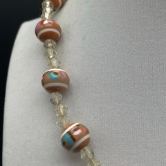 Vintage Orange White Striped Glass Bead Choker Necklace Crystal Spacers 15 in