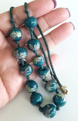 Vintage Athens Teal Green Ceramic Bead Knotted Cord Choker Necklace 19.25″