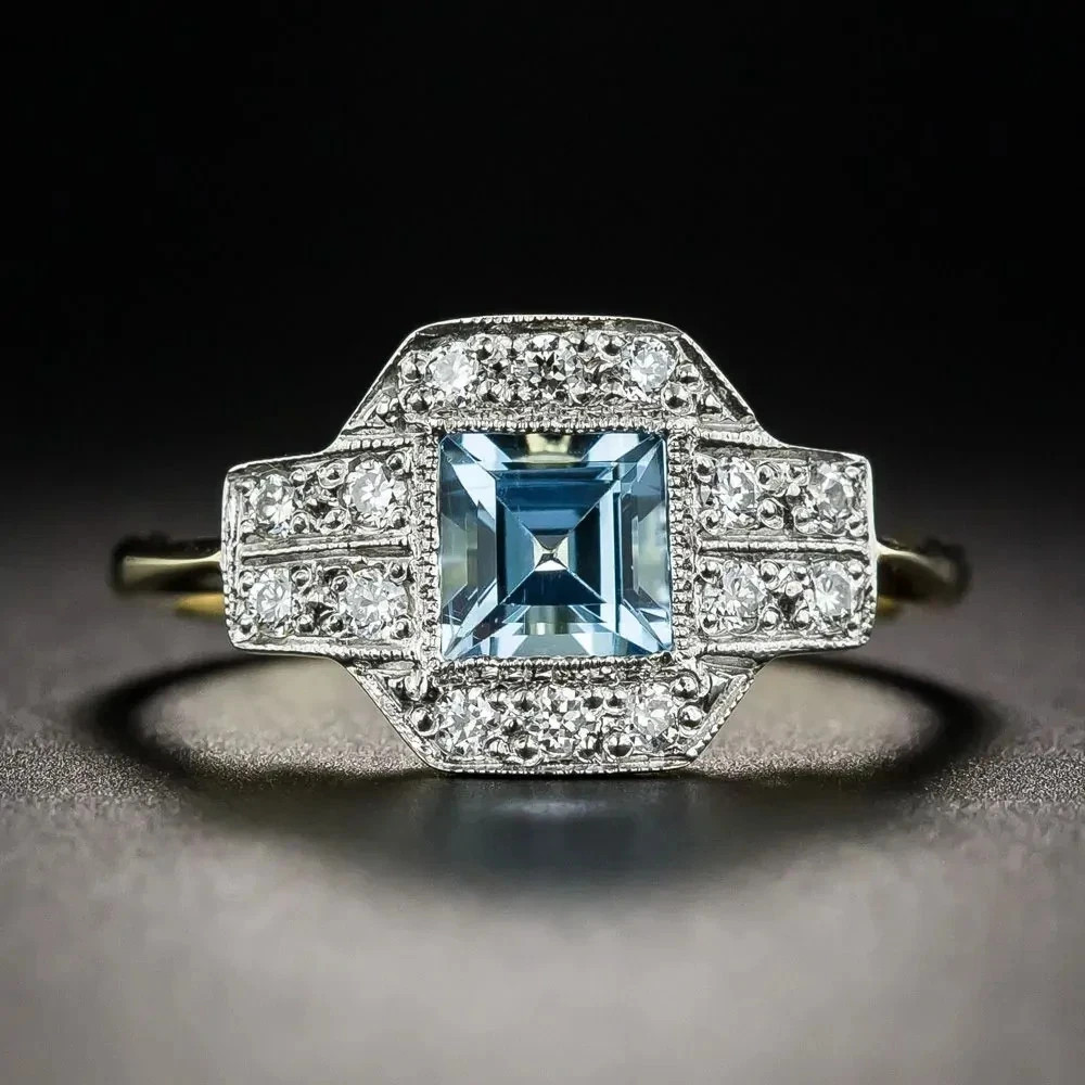 Art Deco Style Aquamarine Lab Created Diamond Anniversary 14K White Gold FN Ring