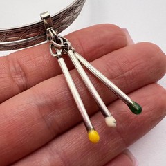 Vintage 800 Silver Triple Band Bracelet Circle Matchstick Enamel Charms Jewelry