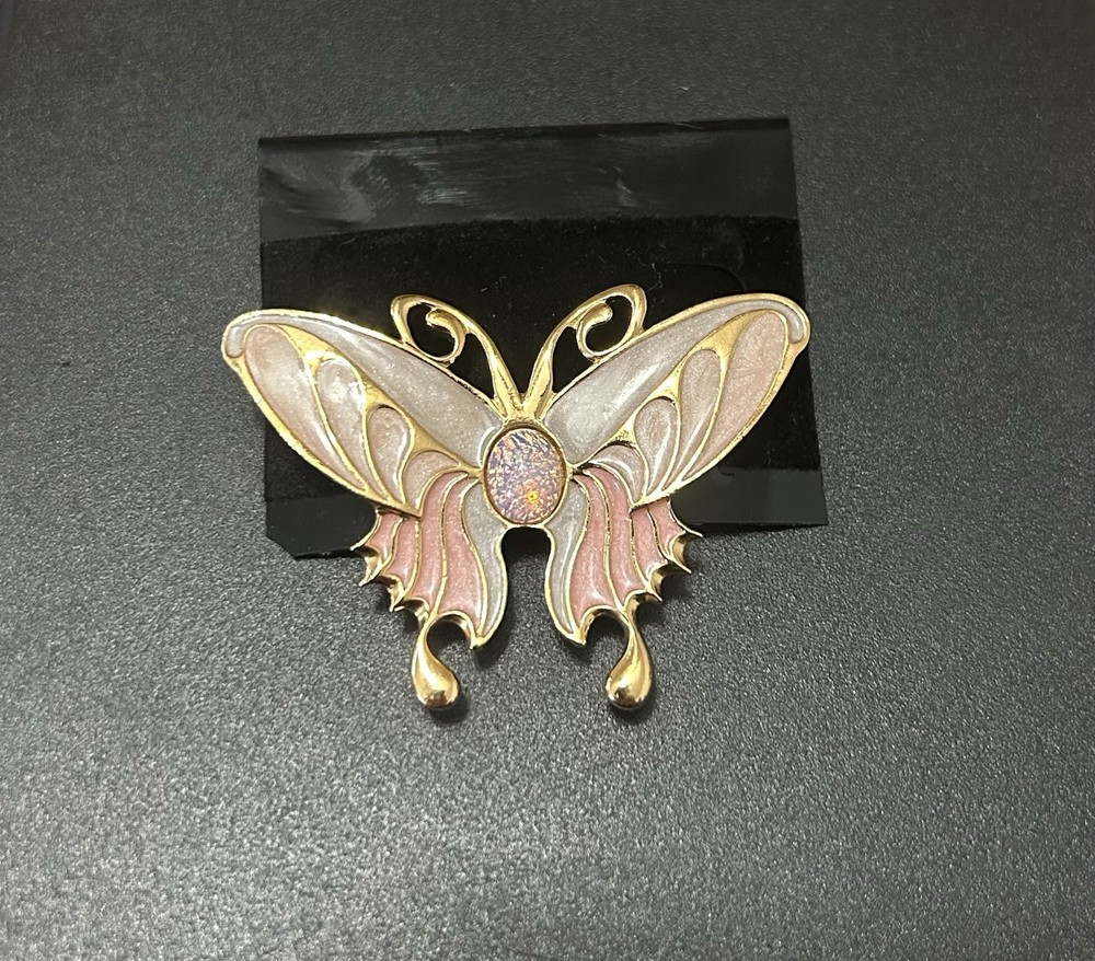 Vintage Gold Tone Butterfly Brooch Pink White Enamel Faux Opal Center Pin 2.25”