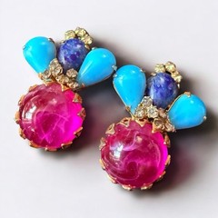 Scaasi Earrings Signed Poured Glass Clip On Pink Turquoise Vintage Statement