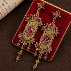 Vintage Victorian Style Pink Crystal Dangle Earrings Gold Tone Ornate Statement