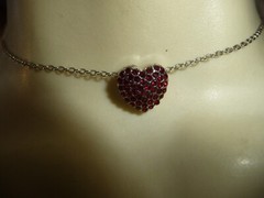 CHOKER SILVER TONE HEART w RED RHINESTONES SILVER TONE CHAIN NECKLACE #23/5A