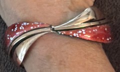 Vintage Signed Matisse Renoir “Leaflet” Copper Clamper Bracelet Red Enamel Leaf