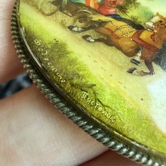Vintage Russian Silver & Mother of Pearl Sleigh Ride Painted Brooch Pin 2”