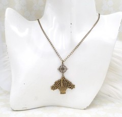 Flower Basket Necklace Antique Brass Handmade Floral Pendant Victorian Style