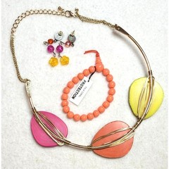 Vtg Genuine Multi Color Agate Jasper Slab Statement Necklace Bracelet Earrings