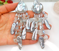 SIGNED MONIES VTG MASSIVE BAROQUE PEARL CRYSTAL 4.5″ DROP EARRINGS UNIQUE RUNWAY