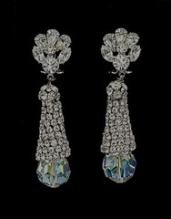 Vtg-CLEAR Rhinestone-Floral-AURORA BOREALIS-Dangle-Clip-on EARRINGS-Pat Pending