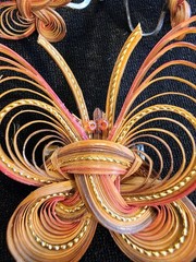 Vintage Quilled Butterfly Brooch with Matching Earrings Orange Red Gold Colors
