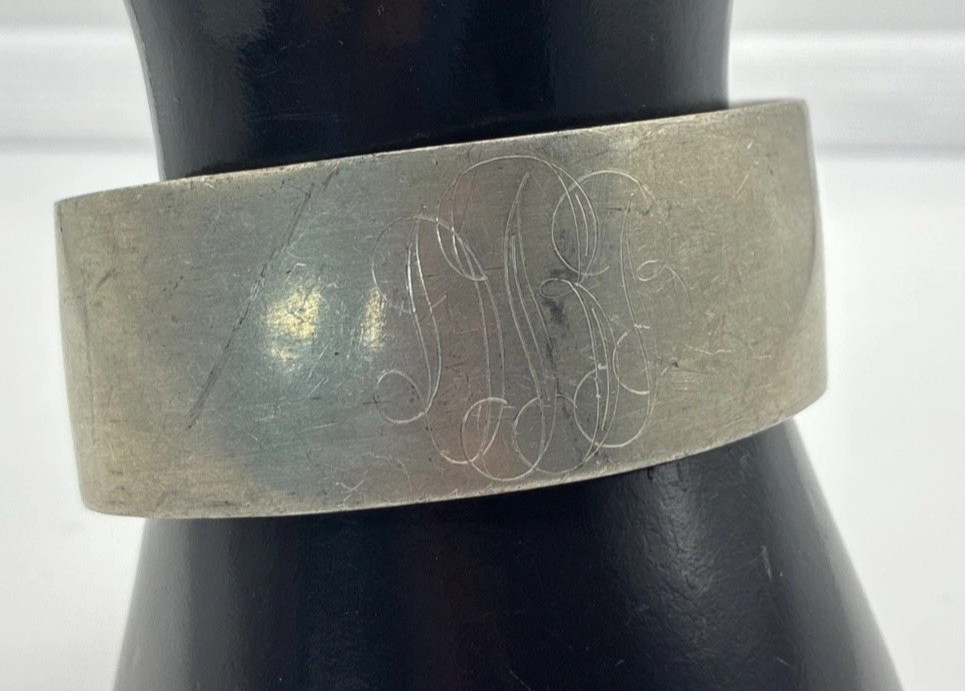 Vintage Pewter Cuff ID Bracelet Wide Monogram Adjustable Retro Boho Engraved