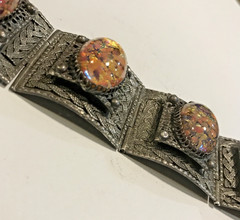 Vintage Large Art Glass Cabochon Braided Sterling Silver Bracelet Faux Fire Opal