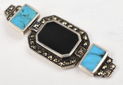 Sterling Silver Art Deco Turquoise Onyx Marcasite Pendant Necklace 18in 6.2g