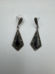 Sterling Silver 925 Marcasite & Black Onyx Vintage 42.62mm Earrings 5.7g