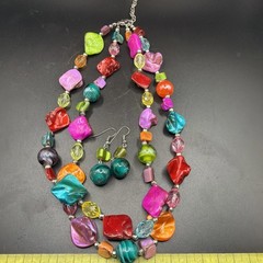 Bright Acrylic Art Glass Bead Layered Necklace Set Matching Dangle Earrings VTG
