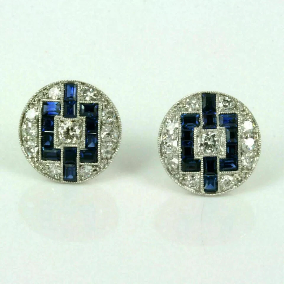 Art Deco Vintage Style Lab-Created Diamond & Sapphire Stud Earrings 925 Silver