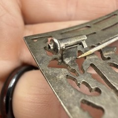 Vintage Egyptian Revival Storyteller Brooch Silver Tone Stamped Trombone Clasp
