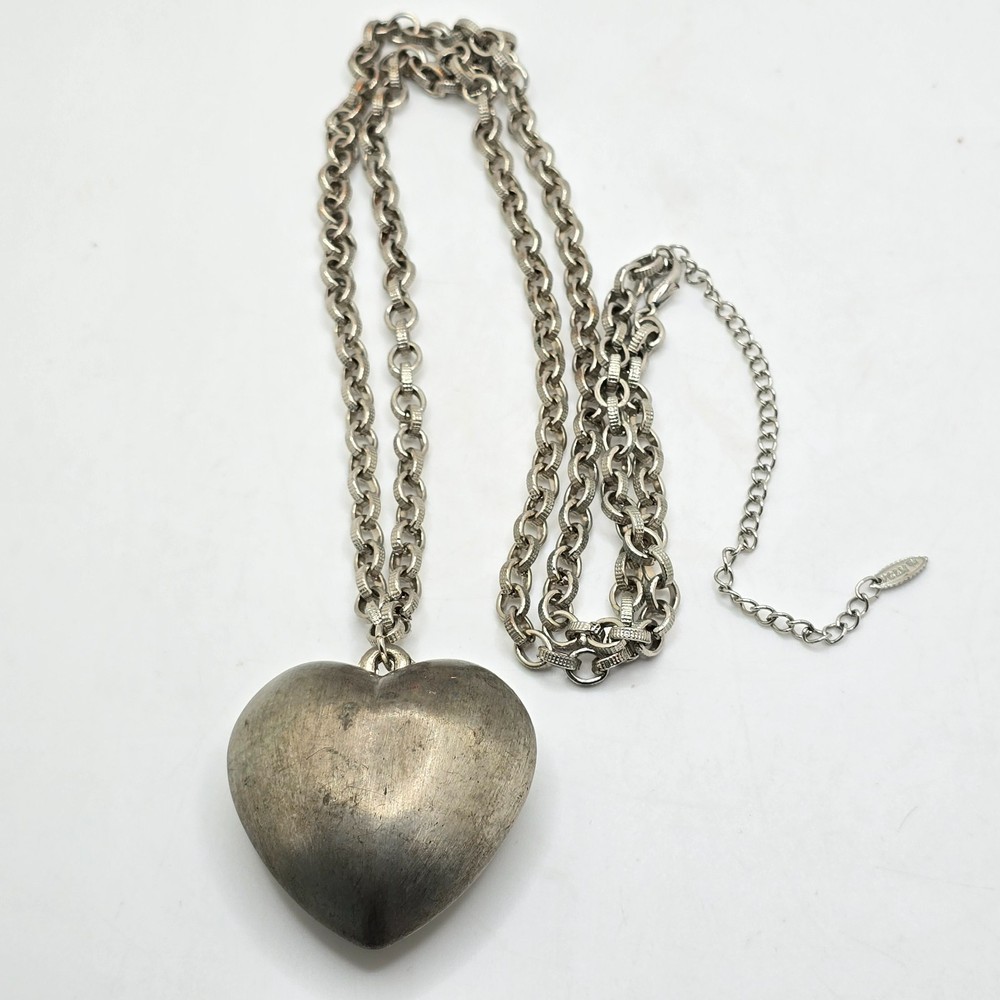 Vintage Puffy Heart Pendant Necklace Silver Tone Signed VCLM Long Chain 32in