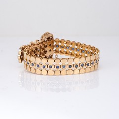 1940s Portuguese Retro Buckle Bracelet Sapphire 19k Rose Gold 7″ Fine Jewelry