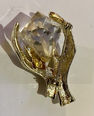 Vintage Jeweled Hand Brooch Unsigned Coro ? Red / Clear Rhinestones