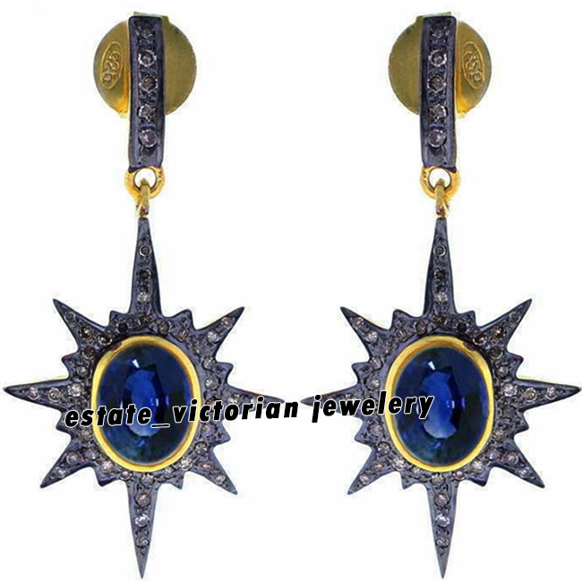 2.59ctw Rose Cut Diamond Sapphire Studded Silver Vintage Amazing Earring Jewelry