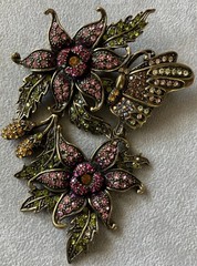 LaVintage Hinged Antiqued Goldtone Metal Flower/ Butterfly Brooch Or Pendant