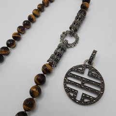 Tigers Eye Marcasite Convertible Bead Necklace Vintage Asian Inspired Charm Boho