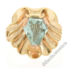 Retro Rosy Yellow Gold Unique Shape Aquamarine in Scalloped Shell Split Ring