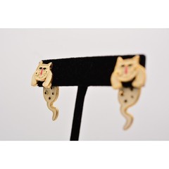 Vintage Cat Earrings Back Front Cool Off White Black Spotted Enamel 1990s BinH