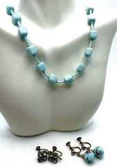 Lot Vtg Deco Czech Aqua Glass Cube Bead Necklace & Murano & JMS 1/20 GF Earrings