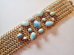 Chunky Wide Brass Metal Meshed Bracelet with Amazonite Stones Signed KC