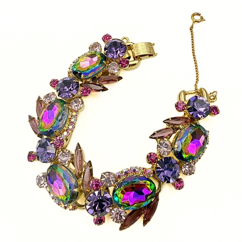 Vintage Juliana Watermelon Heliotrope Rhinestone Glass Gold Plated Bracelet