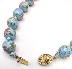 Vintage Hand Painted Faux Cloisonne Porcelain Bead Knotted Necklace Blue 25″