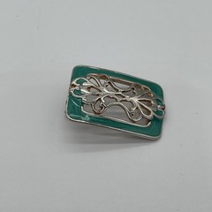 Vintage Style SilverTone Rectangular Earrings With Teal Border & Filigree Center