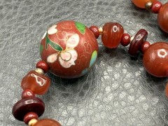 VTG Bird Butterfly Asian Cloisonne Carnelian Bead Hand Knotted Necklace 28”