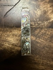 Vintage Silver or Alpaca Silver Tie Bar w/ Circle Pattern & Abalone Inlay, 2.5”