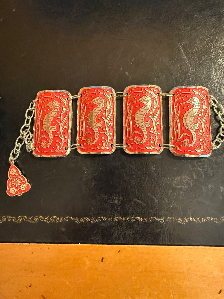Vintage West Germany Panel Bracelet Seahorse Orange Red Silver Tone Eloxal