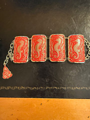 Vintage West Germany Panel Bracelet Seahorse Orange Red Silver Tone Eloxal