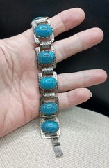 Vintage Silver Tone Etched Panel Bracelet Chunky Blue Faux Stone Statement 6.75”