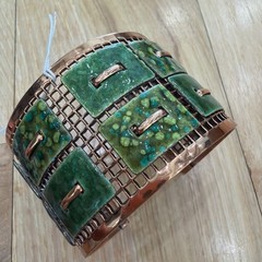 Vintage Matisse Renoir Copper + Green Marbled Enamel Cuff Bracelet 1 3/4”