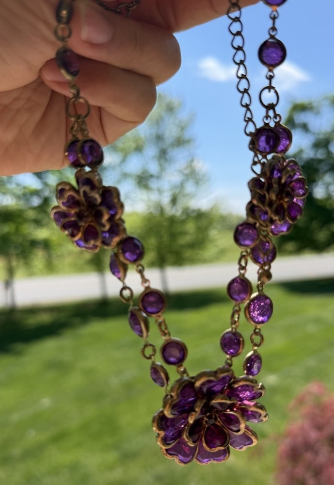 Beautiful Vintage Statement Necklace Purple Stone Flowers B5