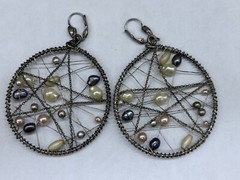 ESTATE SILVER TONE FAUX PEARL DREAM CATCHER LOOP HOOP WIRE DANGLE EARRINGS