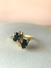 VINTAGE 14K GOLD BLUE SAPPHIRE DIAMOND TOI ET MOI RING ENGAGEMENT ANNIVERSARY