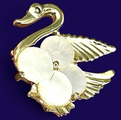 Vintage 1970s Swan Mother of Pearl Discs Brooch Pin Gold Tone Romantic Nautical
