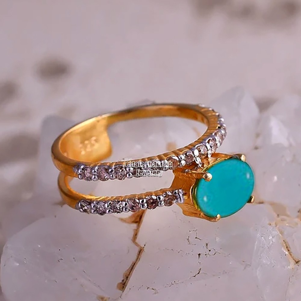 1.07ctw Rose Cut Diamond Turquoise Studded Silver Vintage Gorgeous Ring Jewelry